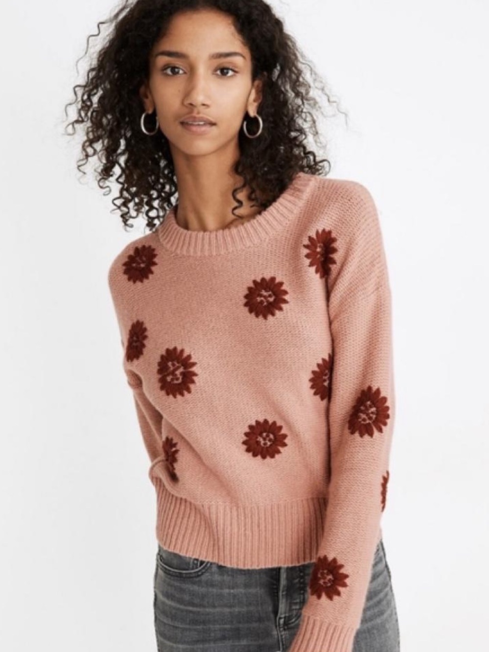 Madewell Rose Pink Crewneck Sweater with Rust Floral Appliqué